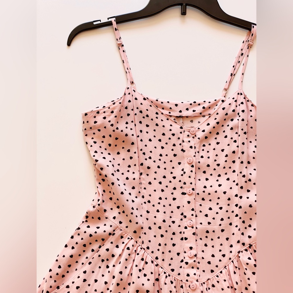 EUC H&M XS S Heart Print Dress Pale Pink Black Adj Spaghetti Strap Skater Button
